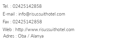Risus Suit Hotel telefon numaralar, faks, e-mail, posta adresi ve iletiim bilgileri
